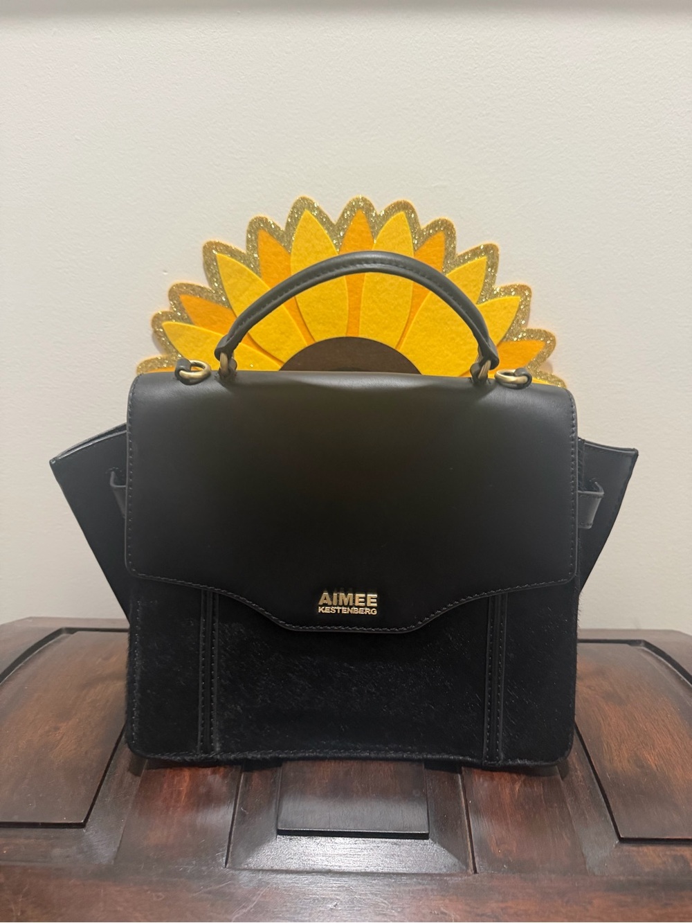 Aimee Kestenberg Black Structured Top-Handle Satchel with Gold Logo